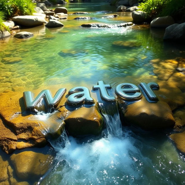 A serene landscape featuring a crystal clear stream with water flowing gracefully down in multiple paths that intricately shape the word 'Water' within the scene