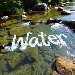 A serene landscape featuring a crystal clear stream with water flowing gracefully down in multiple paths that intricately shape the word 'Water' within the scene