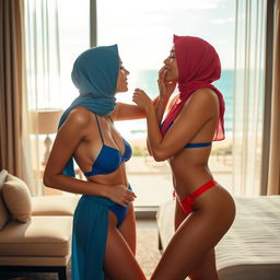 Two hijabi Malay women with fair skin, depicted as attractive and stylish, wearing vibrant blue and red bikinis