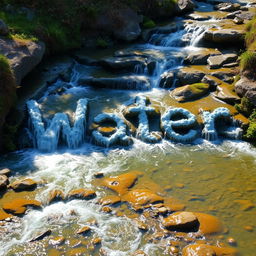 A picturesque landscape featuring a multi-stream setup where water flows down in various paths, artfully forming the word 'Water' in a realistic and harmonious manner