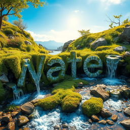 A picturesque landscape featuring a multi-stream setup where water flows down in various paths, artfully forming the word 'Water' in a realistic and harmonious manner