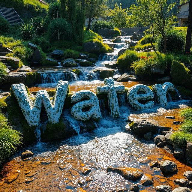 A picturesque landscape featuring a multi-stream setup where water flows down in various paths, artfully forming the word 'Water' in a realistic and harmonious manner