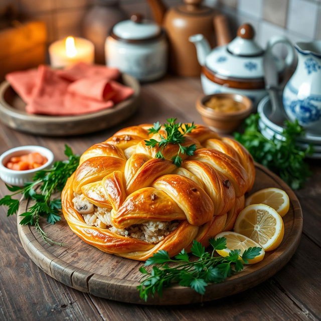 A beautifully arranged Kulebyaka, a traditional Russian fish pie, presented on a rustic wooden table