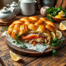 A beautifully arranged Kulebyaka, a traditional Russian fish pie, presented on a rustic wooden table