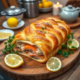 A beautifully arranged Kulebyaka, a traditional Russian fish pie, presented on a rustic wooden table