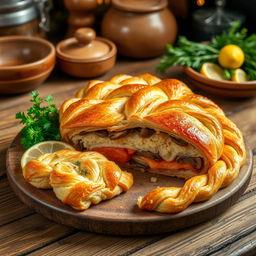 A beautifully arranged Kulebyaka, a traditional Russian fish pie, presented on a rustic wooden table