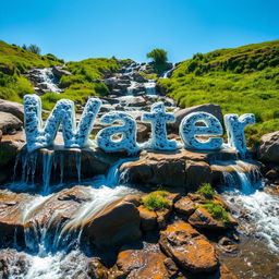 A realistic depiction of water flowing gracefully down multiple streams and paths, creatively forming the word 'Water'