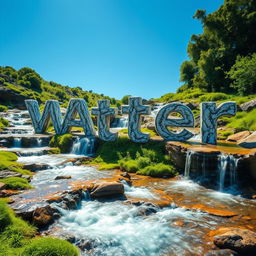 A realistic depiction of water flowing gracefully down multiple streams and paths, creatively forming the word 'Water'
