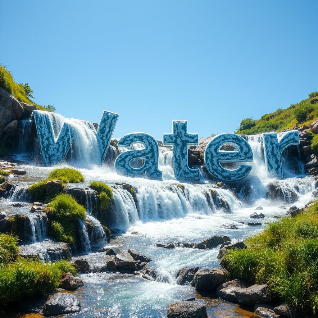 A realistic depiction of water flowing gracefully down multiple streams and paths, creatively forming the word 'Water'