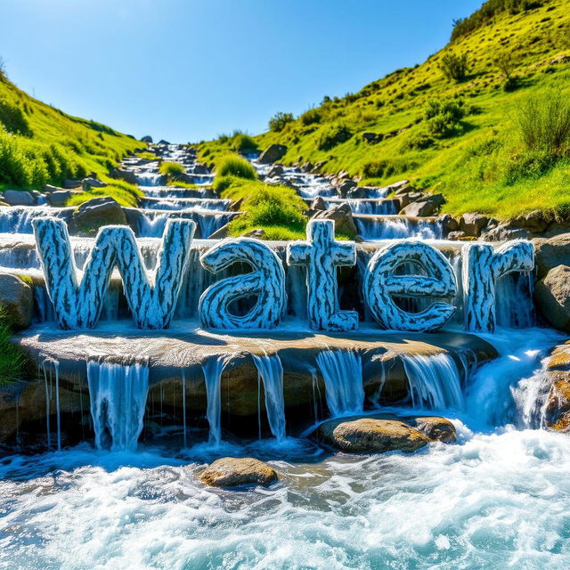 A realistic depiction of water flowing gracefully down multiple streams and paths, creatively forming the word 'Water'