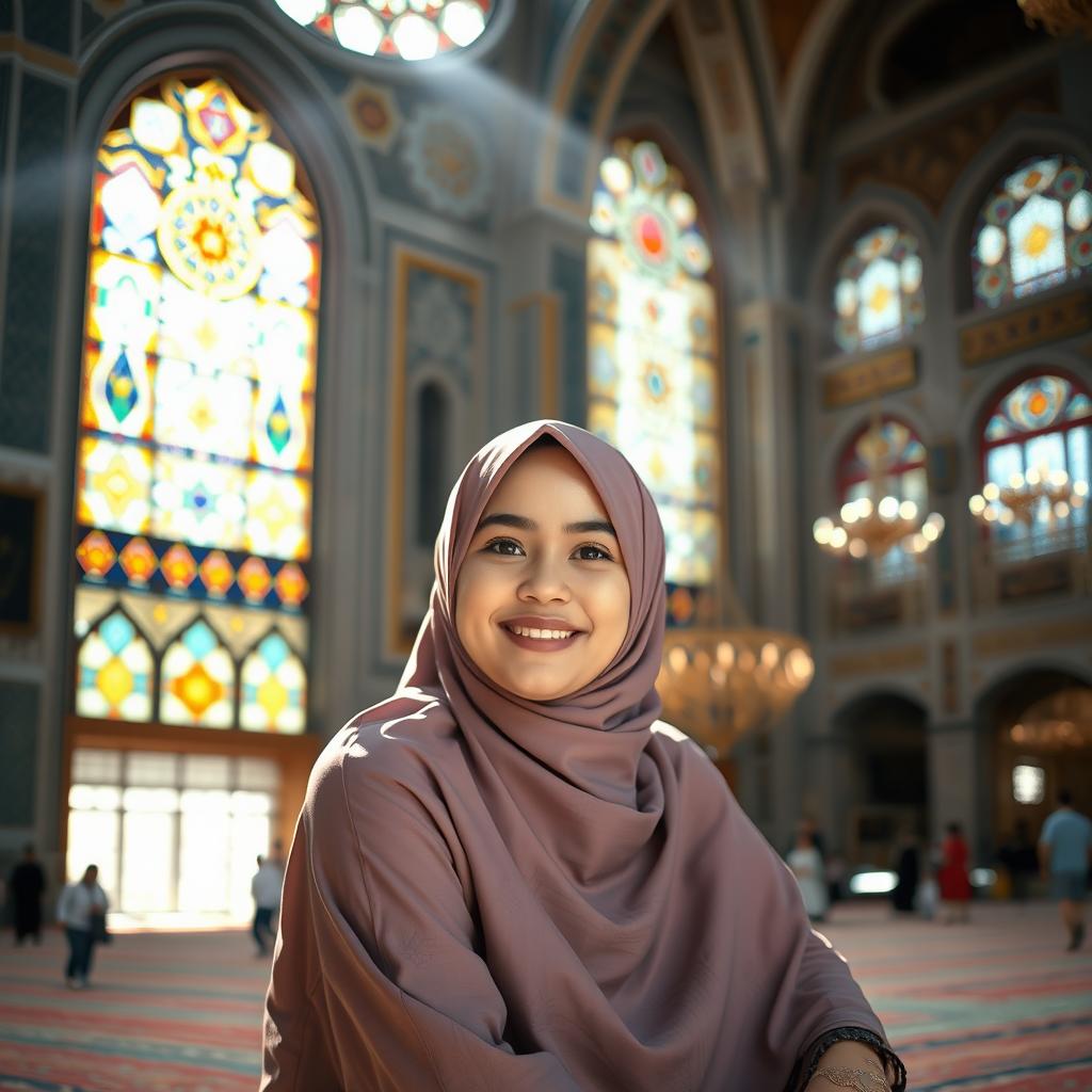 A beautiful hijab-wearing girl sitting gracefully in a bustling mosque, her attire elegantly complementing her surroundings