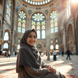 A beautiful hijab-wearing girl sitting gracefully in a bustling mosque, her attire elegantly complementing her surroundings