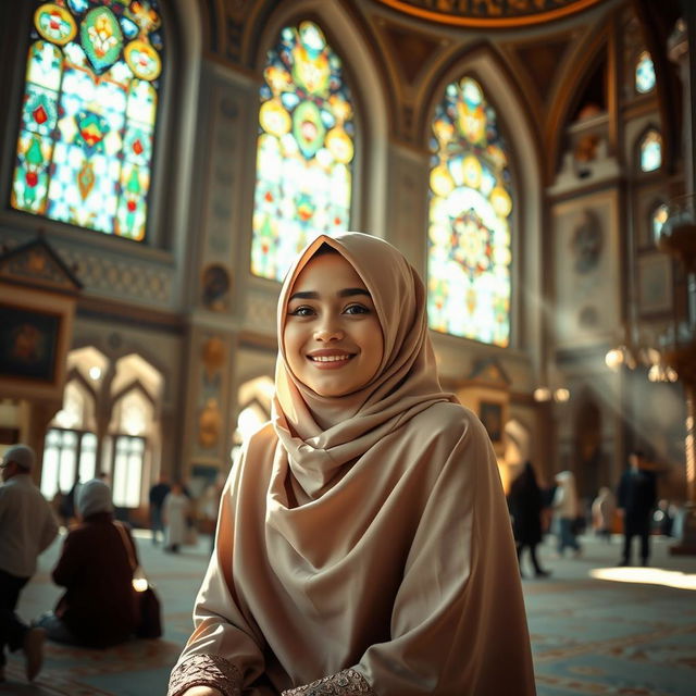 A beautiful hijab-wearing girl sitting gracefully in a bustling mosque, her attire elegantly complementing her surroundings