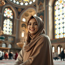 A beautiful hijab-wearing girl sitting gracefully in a bustling mosque, her attire elegantly complementing her surroundings