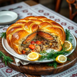 Kulebyaka, a traditional Russian baked dish, depicted in an elegant setting, features a beautifully braided golden crust, flaky and rich, showcasing intricate patterns