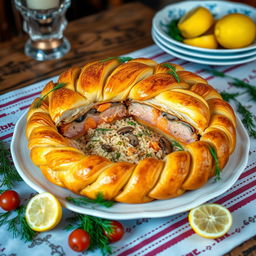 Kulebyaka, a traditional Russian baked dish, depicted in an elegant setting, features a beautifully braided golden crust, flaky and rich, showcasing intricate patterns