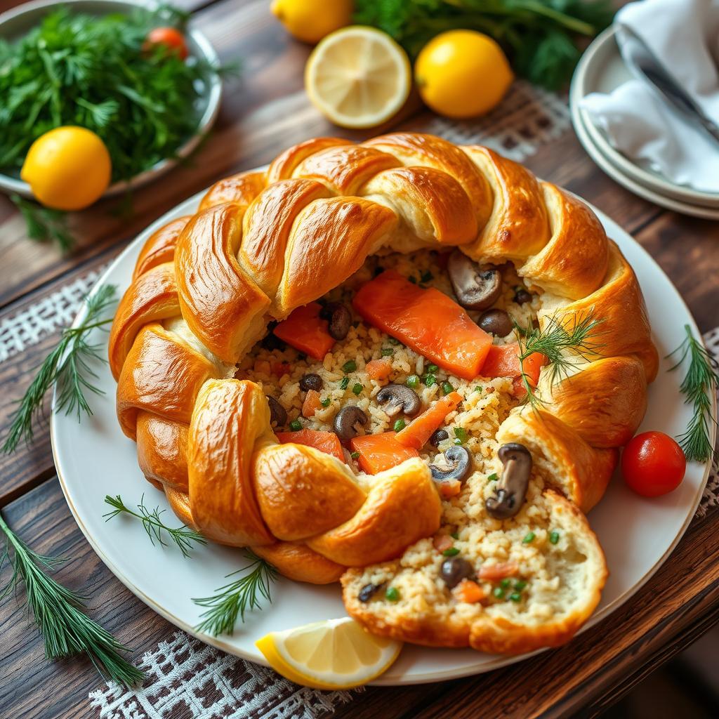 Kulebyaka, a traditional Russian baked dish, depicted in an elegant setting, features a beautifully braided golden crust, flaky and rich, showcasing intricate patterns