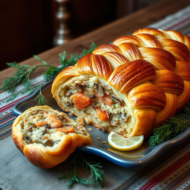 Kulebyaka, a traditional Russian baked dish, depicted in an elegant setting, features a beautifully braided golden crust, flaky and rich, showcasing intricate patterns