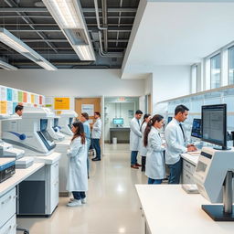 A modern and inviting clinical laboratory scene, showcasing advanced analysis equipment and a clean, bright environment
