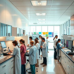 A modern and inviting clinical laboratory scene, showcasing advanced analysis equipment and a clean, bright environment