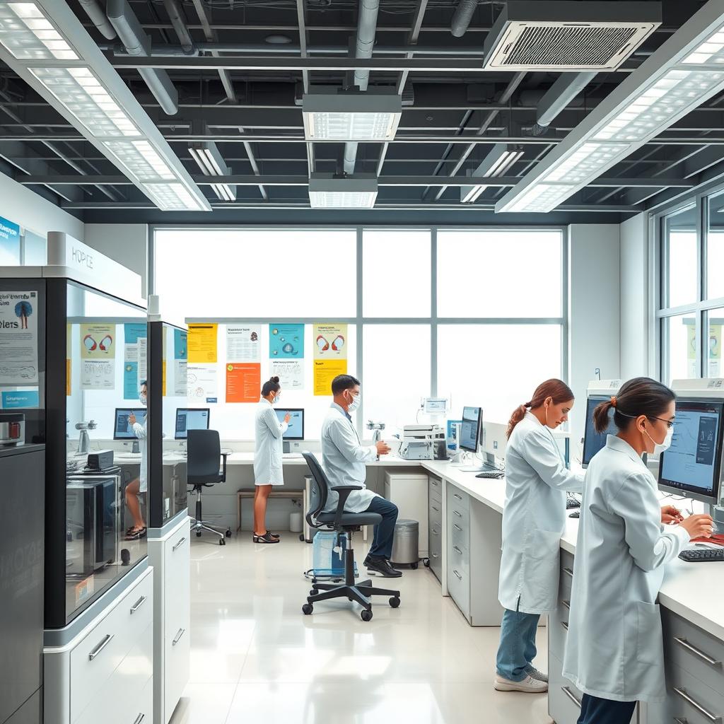 A modern and inviting clinical laboratory scene, showcasing advanced analysis equipment and a clean, bright environment