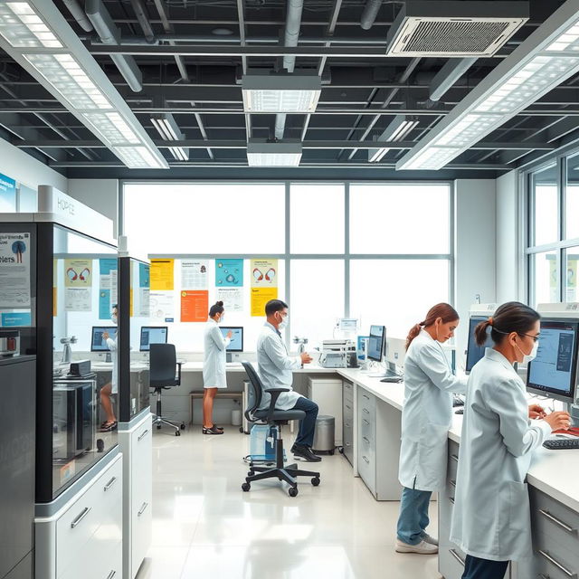 A modern and inviting clinical laboratory scene, showcasing advanced analysis equipment and a clean, bright environment