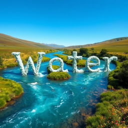 A picturesque scene of a river meandering through a beautiful landscape, skillfully forming the letters 'W', 'a', 't', 'e', and 'r' as it flows