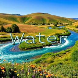 A picturesque scene of a river meandering through a beautiful landscape, skillfully forming the letters 'W', 'a', 't', 'e', and 'r' as it flows