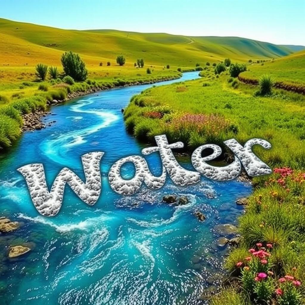 A picturesque scene of a river meandering through a beautiful landscape, skillfully forming the letters 'W', 'a', 't', 'e', and 'r' as it flows