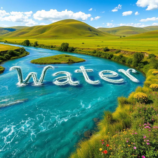 A picturesque scene of a river meandering through a beautiful landscape, skillfully forming the letters 'W', 'a', 't', 'e', and 'r' as it flows