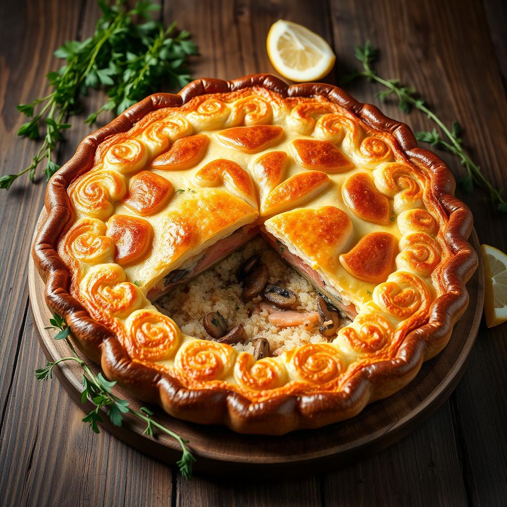 A beautifully arranged Kulebyaka, a traditional Russian fish pie