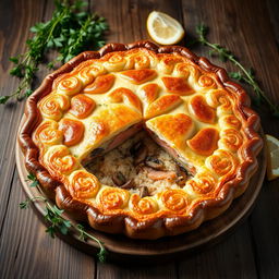 A beautifully arranged Kulebyaka, a traditional Russian fish pie