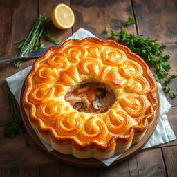 A beautifully arranged Kulebyaka, a traditional Russian fish pie