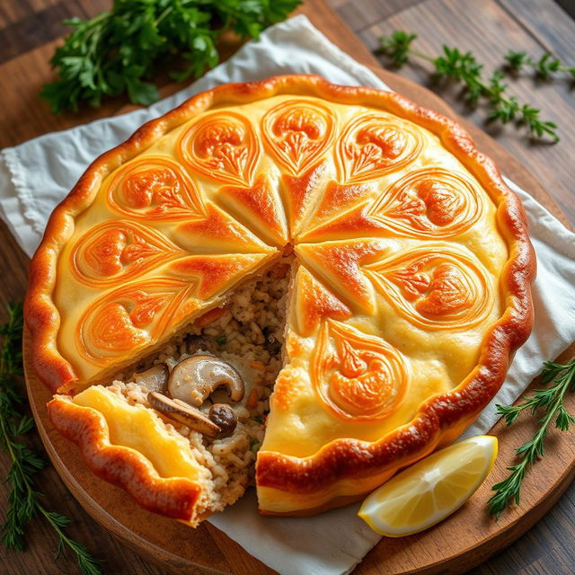 A beautifully arranged Kulebyaka, a traditional Russian fish pie