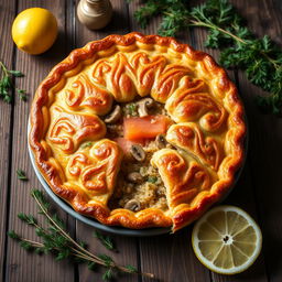 A beautifully arranged Kulebyaka, a traditional Russian fish pie