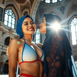 A stunning Malay woman with fair skin wearing a stylish blue and red bikini, her hijab tastefully matching the colors of her outfit