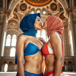 A stunning Malay woman with fair skin wearing a stylish blue and red bikini, her hijab tastefully matching the colors of her outfit