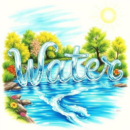 A realistic drawing of a river elegantly flowing to form the words 'W', 'a', 't', 'e', and 'r'