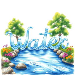 A realistic drawing of a river elegantly flowing to form the words 'W', 'a', 't', 'e', and 'r'