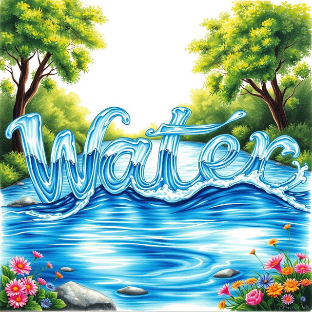 A realistic drawing of a river elegantly flowing to form the words 'W', 'a', 't', 'e', and 'r'