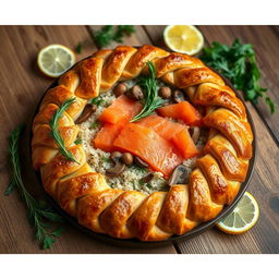 A beautifully arranged Kulebyaka, a traditional Russian pie, featuring a flaky, golden-brown whole wheat crust filled with a mixture of savory ingredients including tender salmon fillet, fragrant dill, soft rice, and sautéed mushrooms