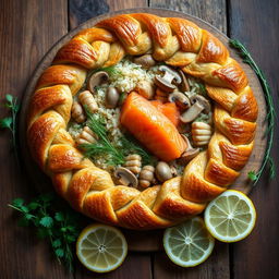A beautifully arranged Kulebyaka, a traditional Russian pie, featuring a flaky, golden-brown whole wheat crust filled with a mixture of savory ingredients including tender salmon fillet, fragrant dill, soft rice, and sautéed mushrooms