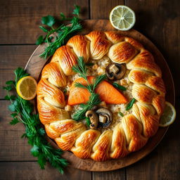 A beautifully arranged Kulebyaka, a traditional Russian pie, featuring a flaky, golden-brown whole wheat crust filled with a mixture of savory ingredients including tender salmon fillet, fragrant dill, soft rice, and sautéed mushrooms