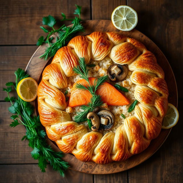 A beautifully arranged Kulebyaka, a traditional Russian pie, featuring a flaky, golden-brown whole wheat crust filled with a mixture of savory ingredients including tender salmon fillet, fragrant dill, soft rice, and sautéed mushrooms