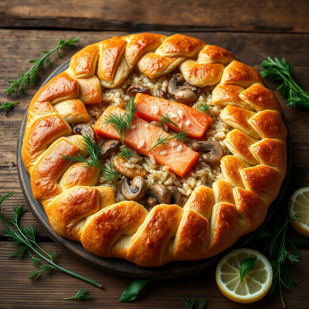 A beautifully arranged Kulebyaka, a traditional Russian pie, featuring a flaky, golden-brown whole wheat crust filled with a mixture of savory ingredients including tender salmon fillet, fragrant dill, soft rice, and sautéed mushrooms