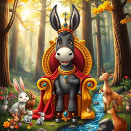 A whimsical scene of a donkey wearing a regal crown and a rich, flowing royal robe, standing proudly on a golden throne embellished with jewels