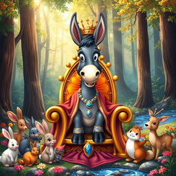 A whimsical scene of a donkey wearing a regal crown and a rich, flowing royal robe, standing proudly on a golden throne embellished with jewels