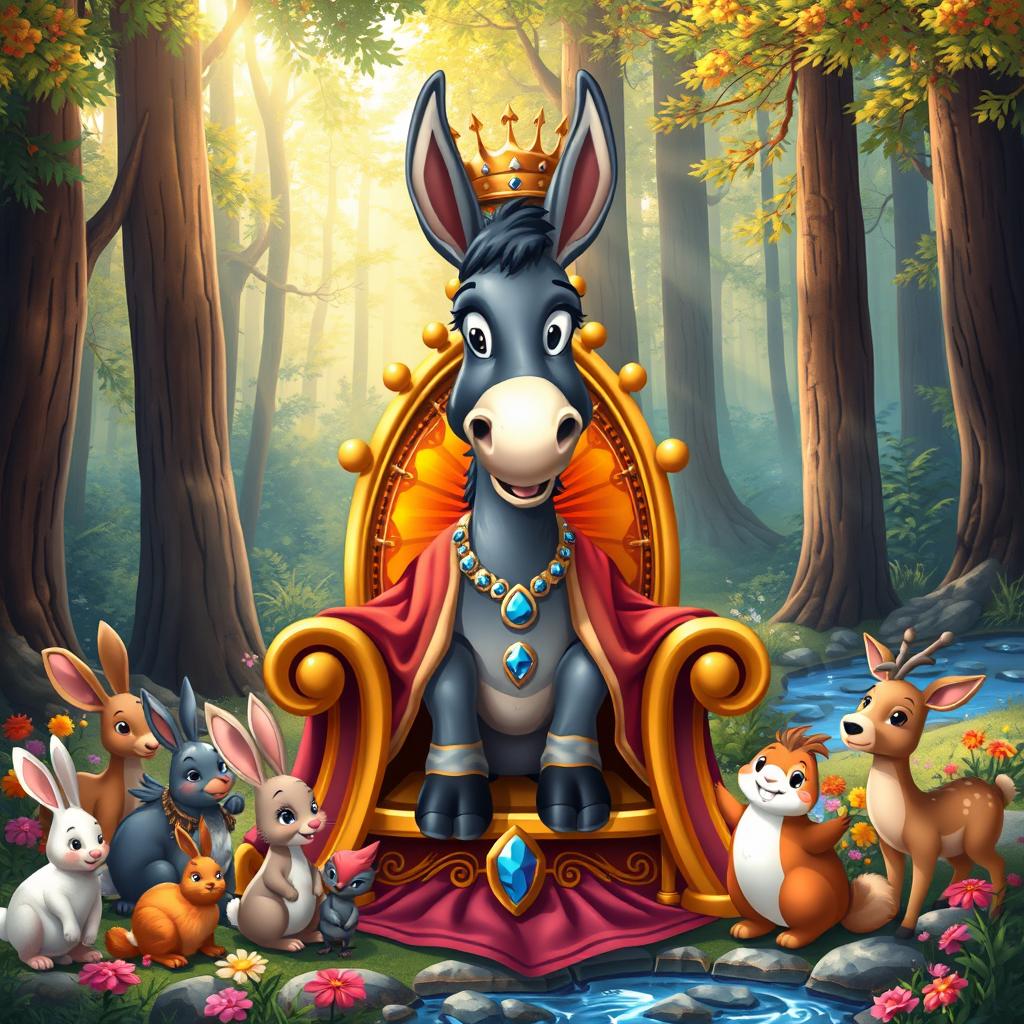 A whimsical scene of a donkey wearing a regal crown and a rich, flowing royal robe, standing proudly on a golden throne embellished with jewels