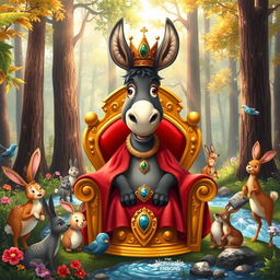 A whimsical scene of a donkey wearing a regal crown and a rich, flowing royal robe, standing proudly on a golden throne embellished with jewels