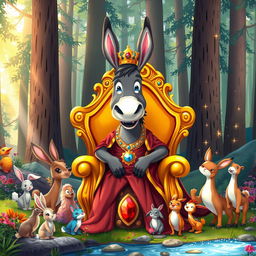 A whimsical scene of a donkey wearing a regal crown and a rich, flowing royal robe, standing proudly on a golden throne embellished with jewels